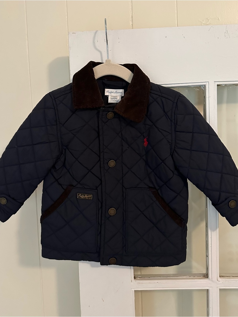 Ralph Lauren Navy Quilted baby Jacket with Brown Corduroy Collar (12 months)